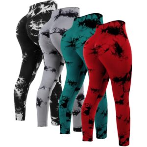 4 Pcs Womens Workout Leggings Tie Dye High Waisted Yoga Pants Seamless Scrunch Butt Lifting Compression Tights
