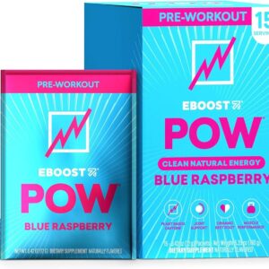 EBOOST POW Natural Pre Workout Powder - 15 Packets, Blue Raspberry - Preworkout Energy Booster Gym