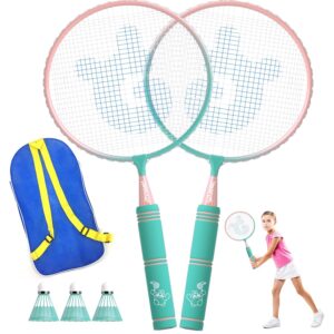 JOY SPOT! Kids Badminton Rackets Set with Soft Grip, Oversize & Lightweight Shuttlecocks Racquet with Carry Bag for Children Youth, 2 Player Sport Game for Indoor Outdoor Backyard