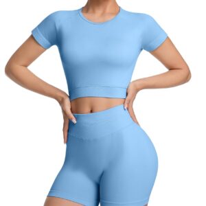 OVESPORT 2 Piece Workout Sets for Women Impact Crop Top Shirts and Seamless Gym Shorts Outfits