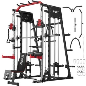 Smith Machine Home Gym with Cable Crossover & Weight Bench, 2200LBS Power Cage with Dual Pulley Systems, LAT Pull-Down & Leg Hold-Down | Ultimate Strength Training Equipment for...