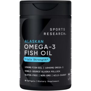 Sports Research Triple Strength Omega 3 Fish Oil - Burpless Fish Oil Supplement w/EPA & DHA Fatty Acids from Single-Source Wild Alaska Pollock - 1250 mg, 90 ct