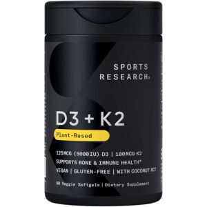 Sports Research® Vitamin D3 + K2 w/ Coconut Oil - Vegan Vitamin D 5000iu & Mk7 Vitamin K 100mcg for Bone & Immune Support - Vegan Certified · Non-GMO · Soy Free - 60 Softgels